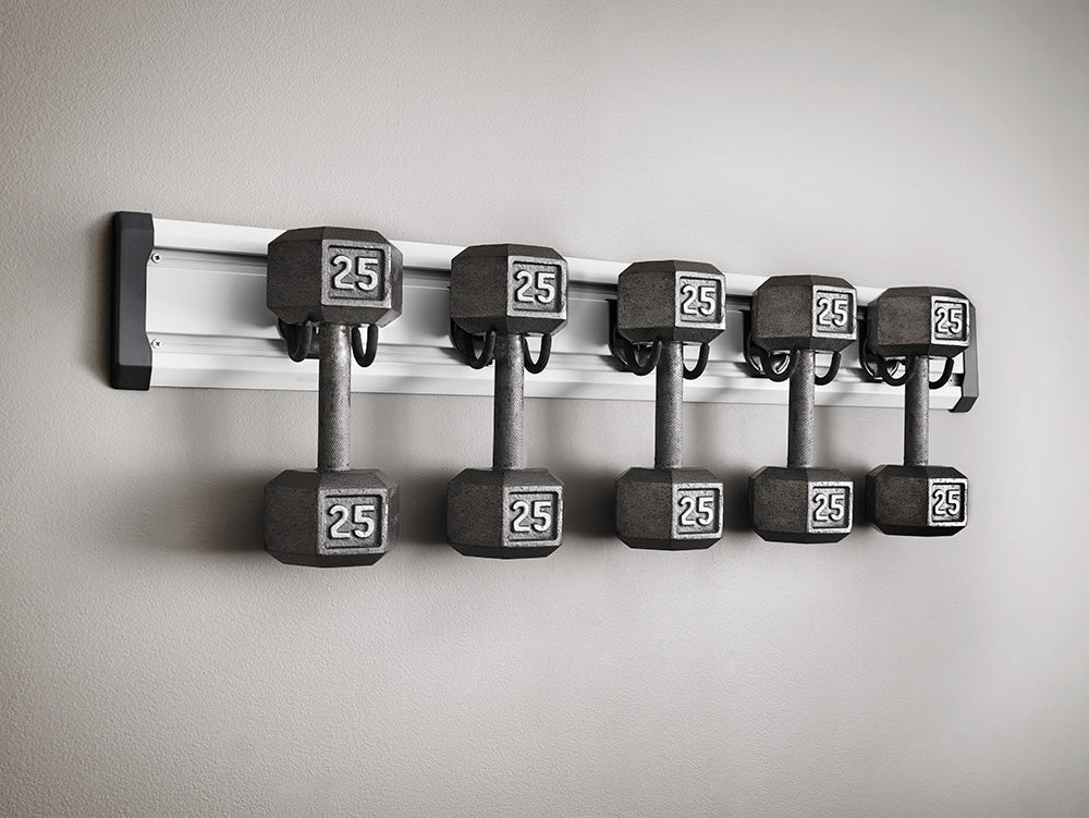 series of dumbbells hung on a Gladiator brand wall storage unit.