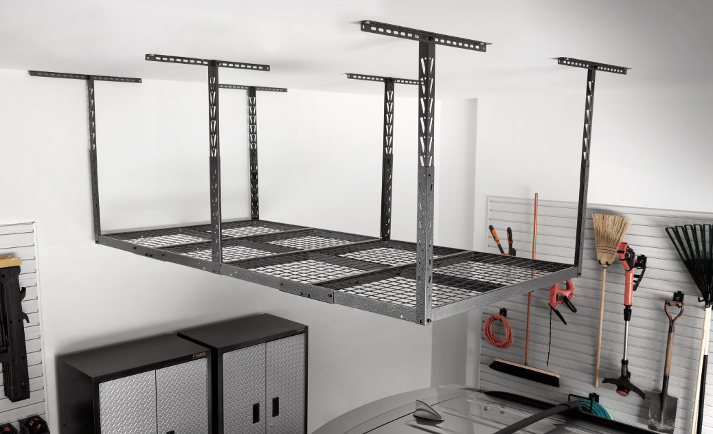 A Gladiator brand overhead storage unit that attaches to the ceiling.