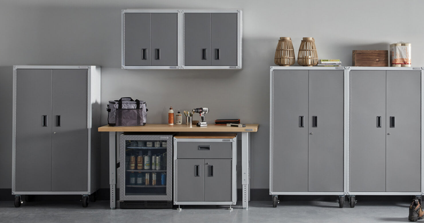 A series of different types of Gladiator brand garage cabinets.